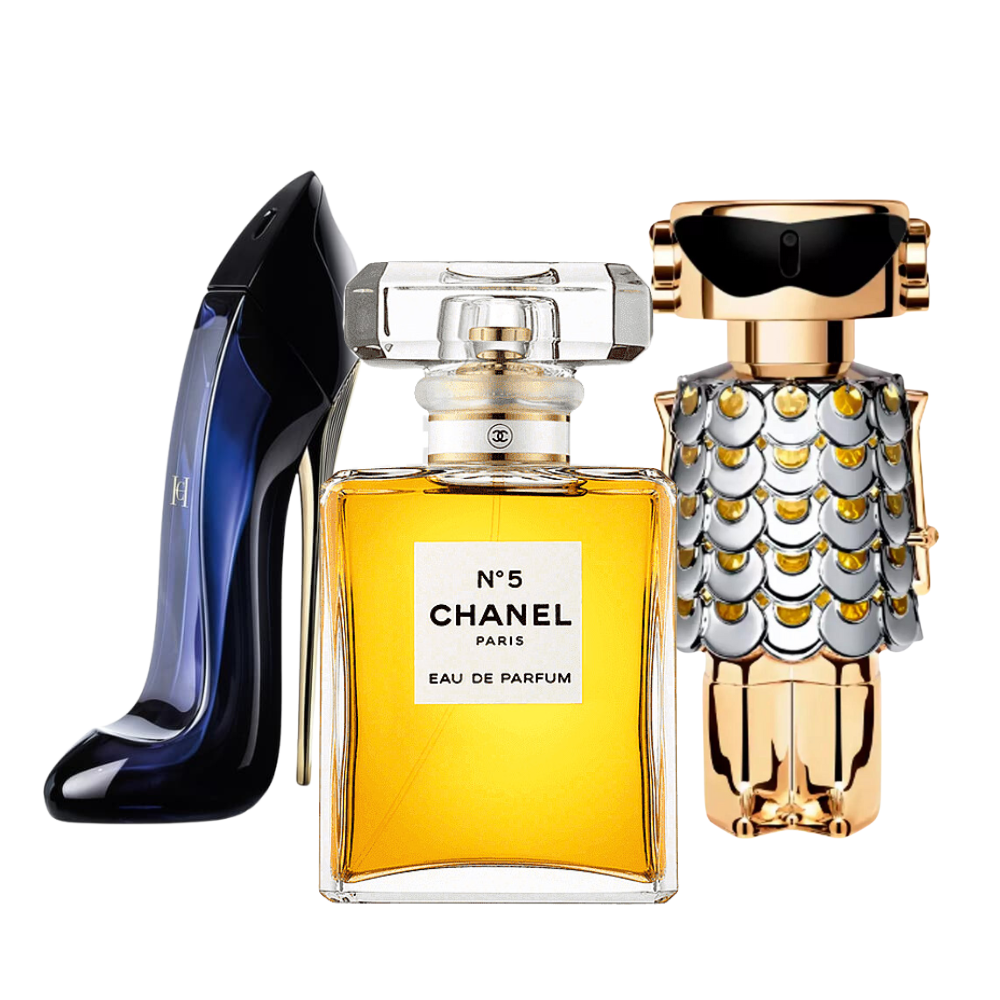 3 Parfums Carolina Herrera GOOD GIRL, Chanel Nº5 et Paco Rabanne FAME 100ml (Eau de Parfum)